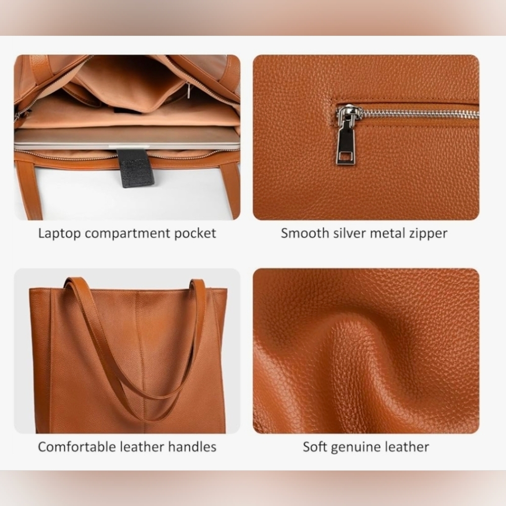 Genuine Leather Tote Bag with Laptop Compartment - Picture 5 of 15